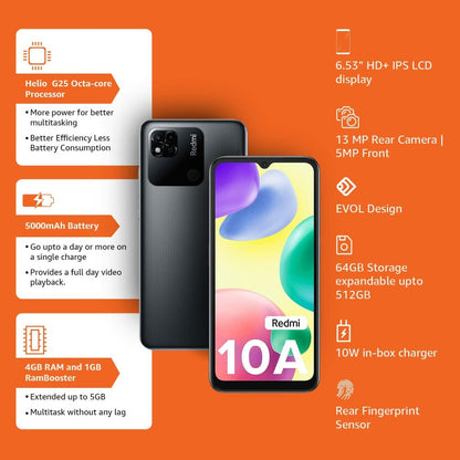 Redmi 10A (चारकोल ब्लैक, 64 जीबी) - 4 जीबी रैम