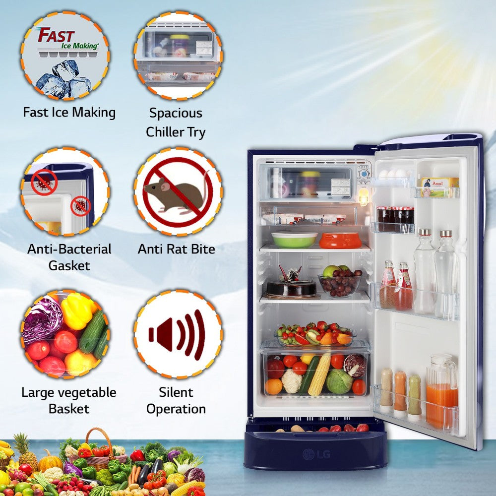 LG 190 L Direct Cool Single Door 5 Star Refrigerator with Base Drawer  with Smart Inverter Compressor - Blue Charm, GL-D201ABCZ