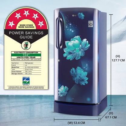 LG 190 L Direct Cool Single Door 5 Star Refrigerator with Base Drawer  with Smart Inverter Compressor - Blue Charm, GL-D201ABCZ