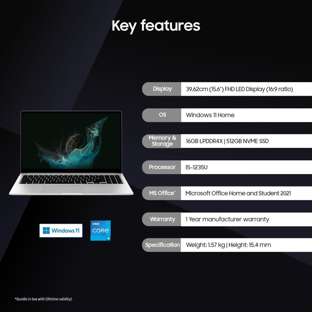 Samsung Galaxy Book2 Core i5 12th Gen - (16GB/512GB SSD/Windows 11 Home) NP750XED-KC3IN पतला और हल्का लैपटॉप - 15.6 इंच, सिल्वर, 1.57 kg, MS Office के साथ