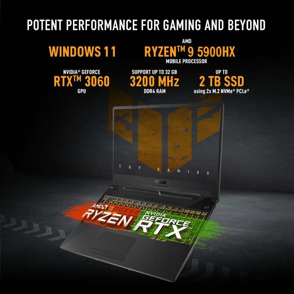 ASUS TUF गेमिंग A15 90Whr बैटरी के साथ Ryzen 9 ऑक्टा कोर AMD R9-5900HX - (16 GB/512 GB SSD/Windows 11 Home/6 GB ग्राफ़िक्स/NVIDIA GeForce RTX 3060/144 Hz) FA506QM-HN124W गेमिंग लैपटॉप - 15.6 इंच, ग्रेफाइट काला, 2.30 कि.ग्रा