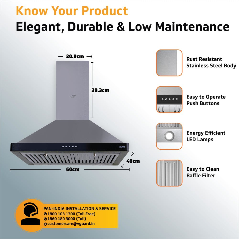 V-Guard M20 Wall Mounted Chimney - Stainless Steel 1200 CMH