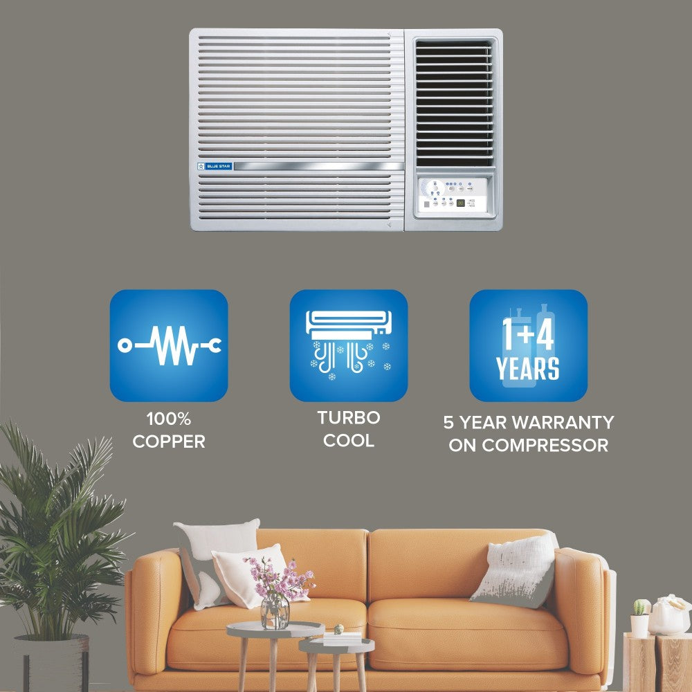 Blue Star 1.5 Ton 3 Star Window Inverter AC  - White - WIB318LN, Copper Condenser