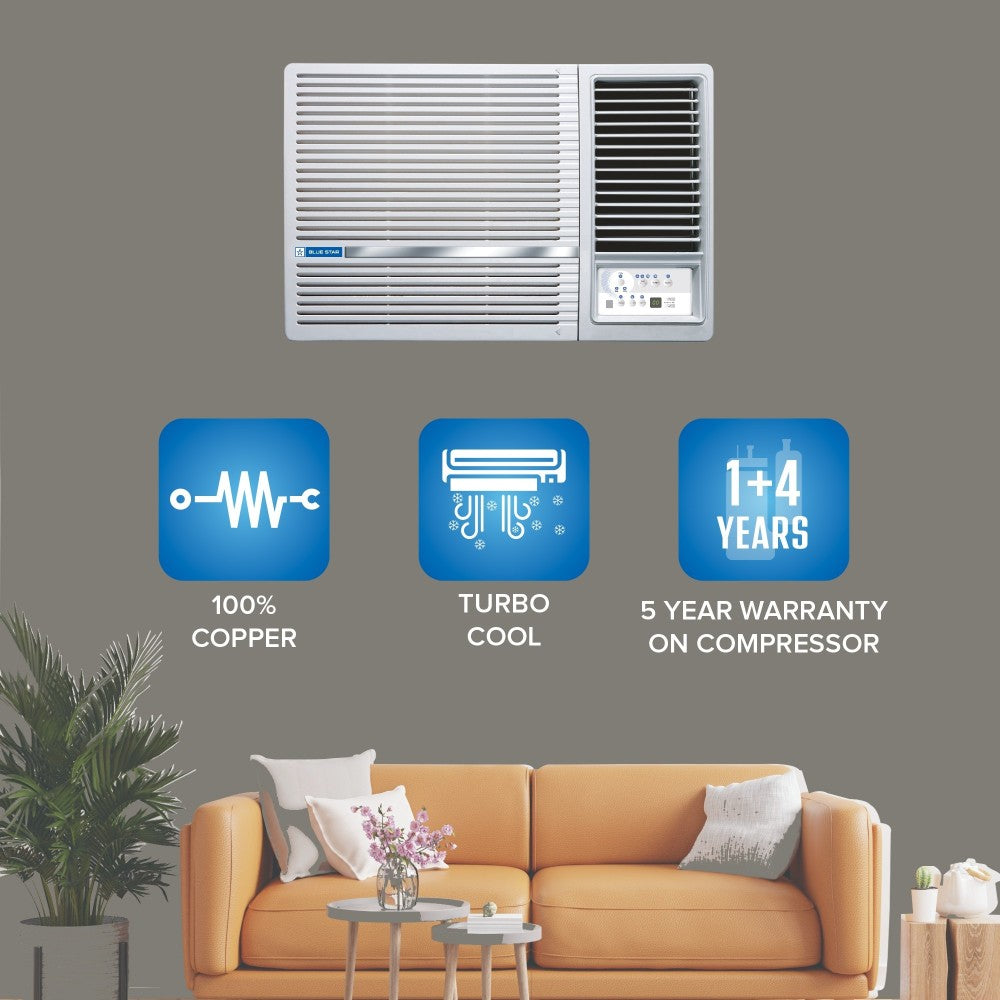 Blue Star 1 Ton 5 Star Window AC  - White - WFA512LN, Copper Condenser