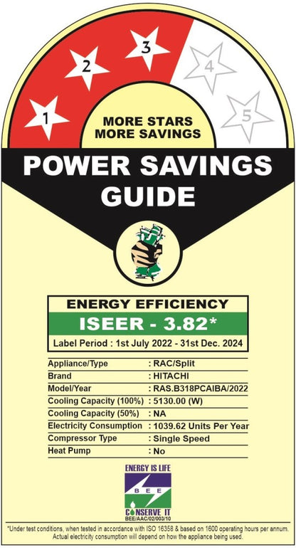 हिताची आइकॉनिक वेव डिज़ाइन 2023 मॉडल 1.5 टन 3 स्टार स्प्लिट सॉफ्ट ड्राई साइलेंट एयर एम्बिएंस लाइट आर 32 एसी - सफेद - RAS.B318PCAIBA/RAK.B318PCAIBA/RAC.318WCAID, कॉपर कंडेनसर