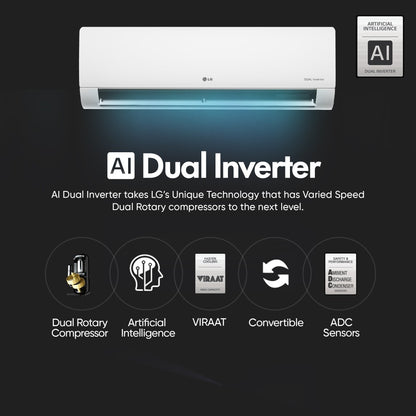 LG AI Convertible 6-in-1 Cooling 2023 Model 1 Ton 5 Star Split AI Dual Inverter 4 Way Swing, HD Filter with Anti-Virus Protection AC  - White - RS-Q14ENZE, Copper Condenser