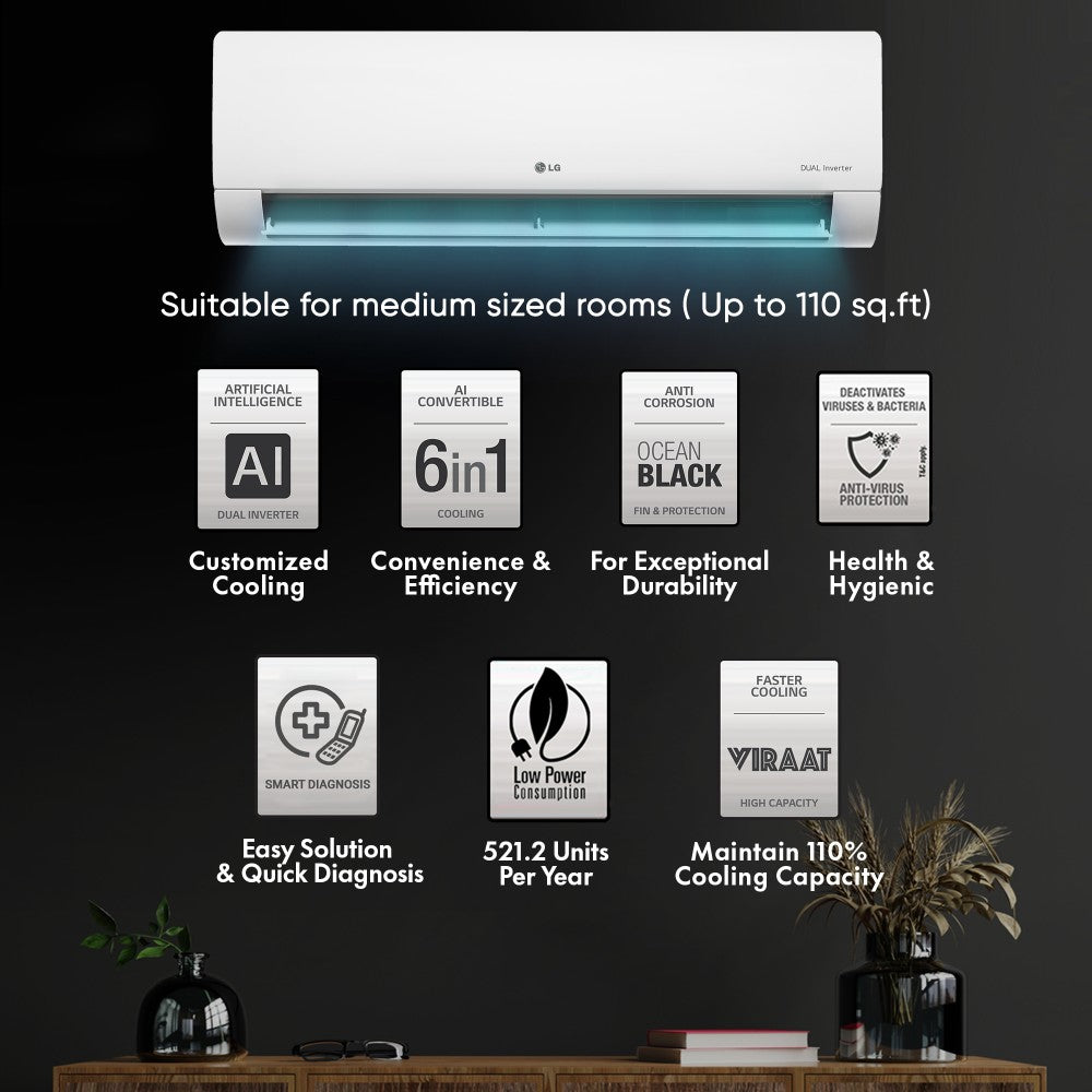 LG AI Convertible 6-in-1 Cooling 2023 Model 1 Ton 5 Star Split AI Dual Inverter 4 Way Swing, HD Filter with Anti-Virus Protection AC  - White - RS-Q14ENZE, Copper Condenser