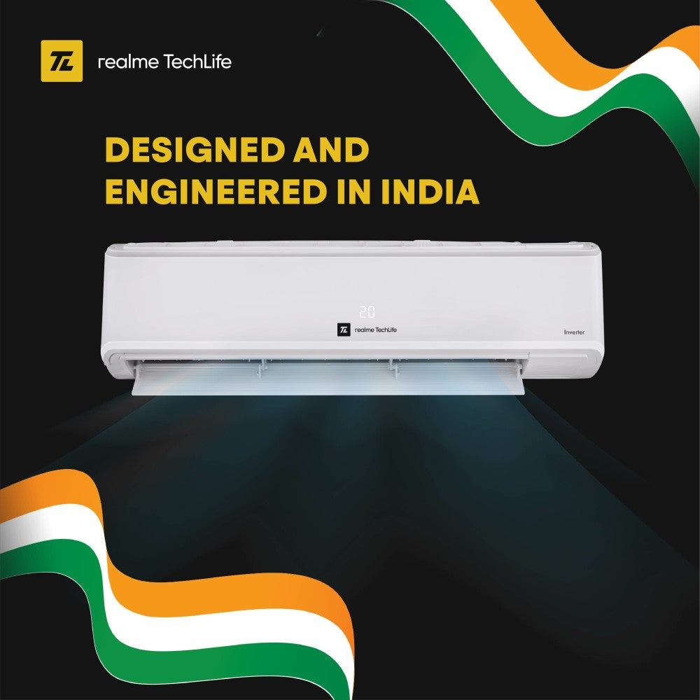 realme TechLife 2023 Range 1 Ton 4 Star Split Inverter 4-in-1 Convertible with Flexi-Control Technology AC  - White - 104SIAA22BWR, Copper Condenser