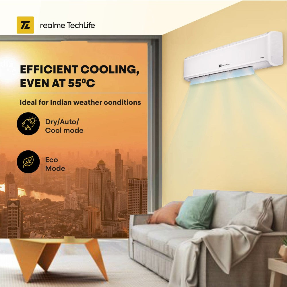 realme TechLife 2023 Range 1.5 Ton 4 Star Split Inverter 4-in-1 Convertible with Flexi-Control Technology AC  - White - 154SIAA22BWR, Copper Condenser