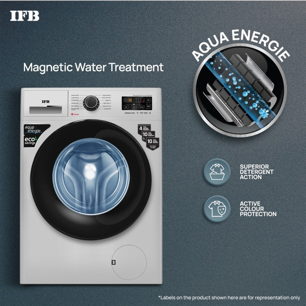 IFB 7 किग्रा स्टीम वॉश के साथ, एक्वा एनर्जी, एंटी-एलर्जन 4 साल की व्यापक वारंटी इन-बिल्ट हीटर सिल्वर के साथ पूरी तरह से स्वचालित फ्रंट लोड वाशिंग मशीन - सेरेना ZSS 7010
