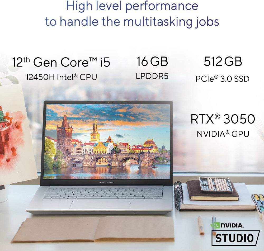 Asus Vivobook Pro 15 OLED Core i5 12th Gen - (16GB/512GB SSD/Windows 11 Home/4GB ग्राफ़िक्स/NVIDIA GeForce RTX 3050) K6500ZC-L502WS क्रिएटर लैपटॉप - 15.6 इंच, कूल सिल्वर, 1.80 kg, MS Office के साथ