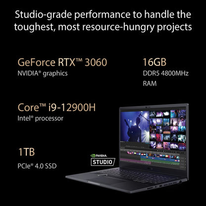 Asus ProArt Studiobook 16 OLED (2022) ASUS Dial Core i9 12th Gen के साथ - (16GB/1TB SSD/Windows 11 Home/6GB ग्राफ़िक्स/NVIDIA GeForce RTX 3060) H7600ZM-L901WS क्रिएटर लैपटॉप - 16 इंच, मिनरल ब्लैक, 2.40 किलो, एमएस ऑफिस के साथ