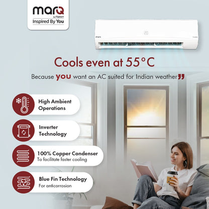 MarQ by Flipkart 2023 Range 0.7 Ton 3 Star Split Inverter 4-in-1 Convertible with Turbo Cool Technology AC  - White - 083SIAA22BW., Copper Condenser