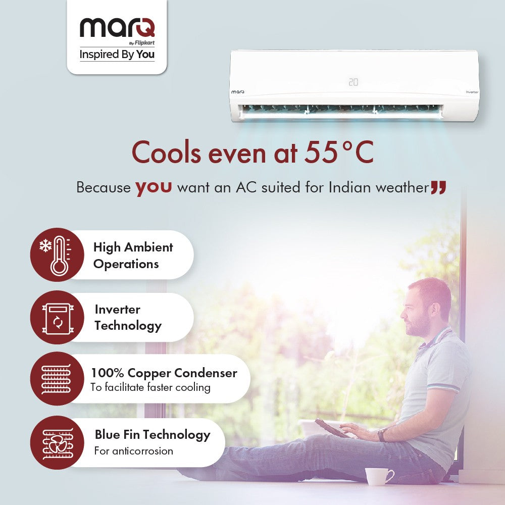 MarQ by Flipkart 2023 Range 1 Ton 3 Star Split Inverter 4-in-1 Convertible with Turbo Cool Technology AC  - White - 103SIAA22BW, Copper Condenser