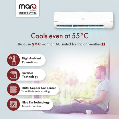 MarQ by Flipkart 2023 Range 1 Ton 3 Star Split Inverter 4-in-1 Convertible with Turbo Cool Technology AC  - White - 103SIAA22BW, Copper Condenser