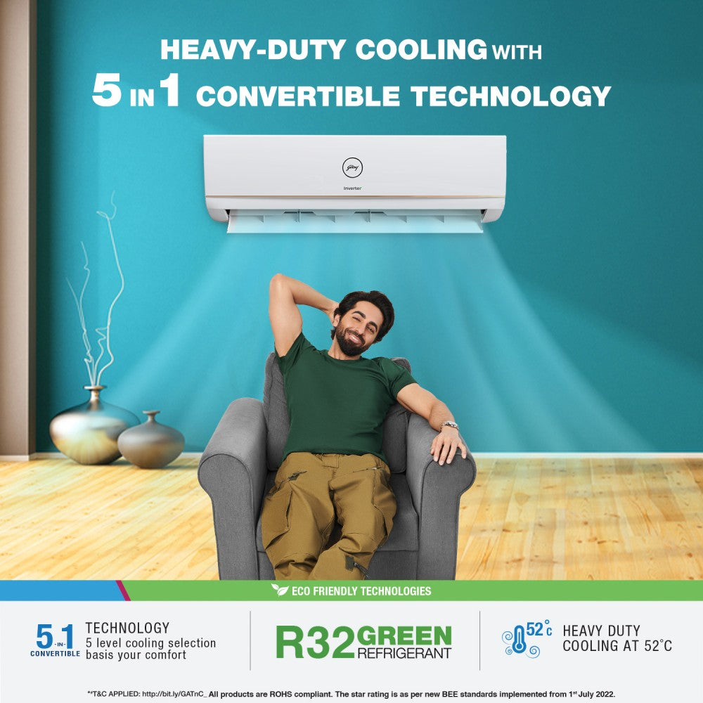 Godrej 5-in-1 Convertible Cooling 2023 Model 1 Ton 5 Star Split Inverter i-sense Technology with Blue Fin Anti Corrosive Coating AC  - White, Gold - AC 1T EI 12TINV5R32-GWA Split/AC 1T EI 12TINV5R32-RWB Split, Copper Condenser