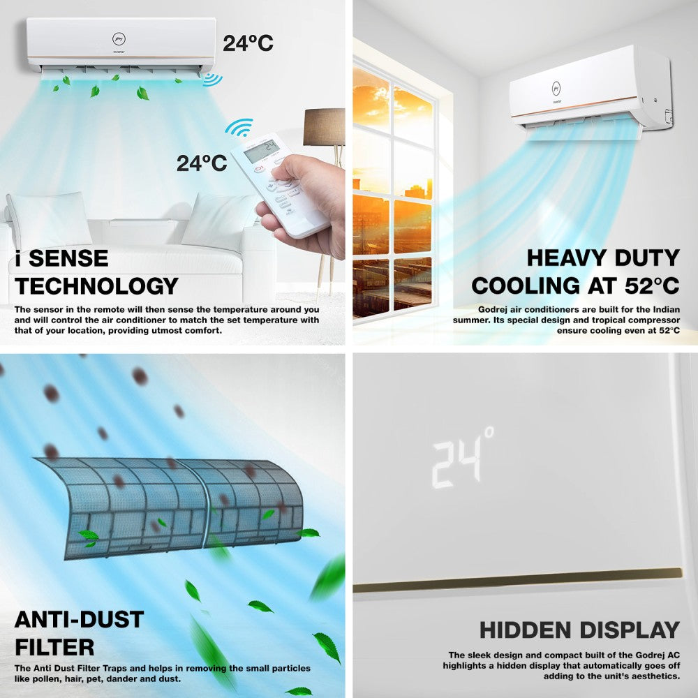 Godrej 5-in-1 Convertible Cooling 2023 Model 1 Ton 5 Star Split Inverter i-sense Technology with Blue Fin Anti Corrosive Coating AC  - White, Gold - AC 1T EI 12TINV5R32-GWA Split/AC 1T EI 12TINV5R32-RWB Split, Copper Condenser