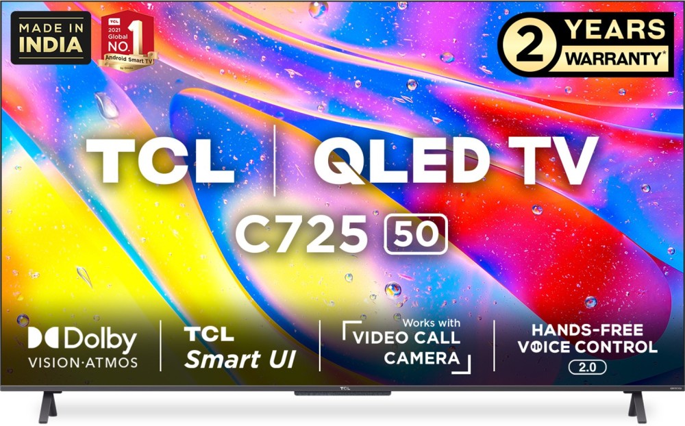 TCL C725 126 cm (50 inch) QLED Ultra HD (4K) Smart Android TV (Black) 2021 Model Works with Video Call Camera - 50C725