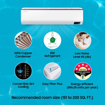 SAMSUNG Convertible 1.5 Ton 4 Star Split Inverter AC  - White - AR18BYNZAUR, AR18BYNZAURNNA, AR18BYNZAURXNA, Copper Condenser