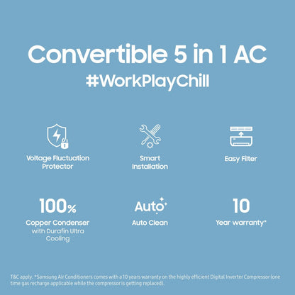 सैमसंग 1 टन 5 स्टार स्प्लिट इन्वर्टर एसी - सफेद - AR12CY5ZAGD/AR12CY5ZAGDNNA/AR12CY5ZAGDXNA, कॉपर कंडेनसर