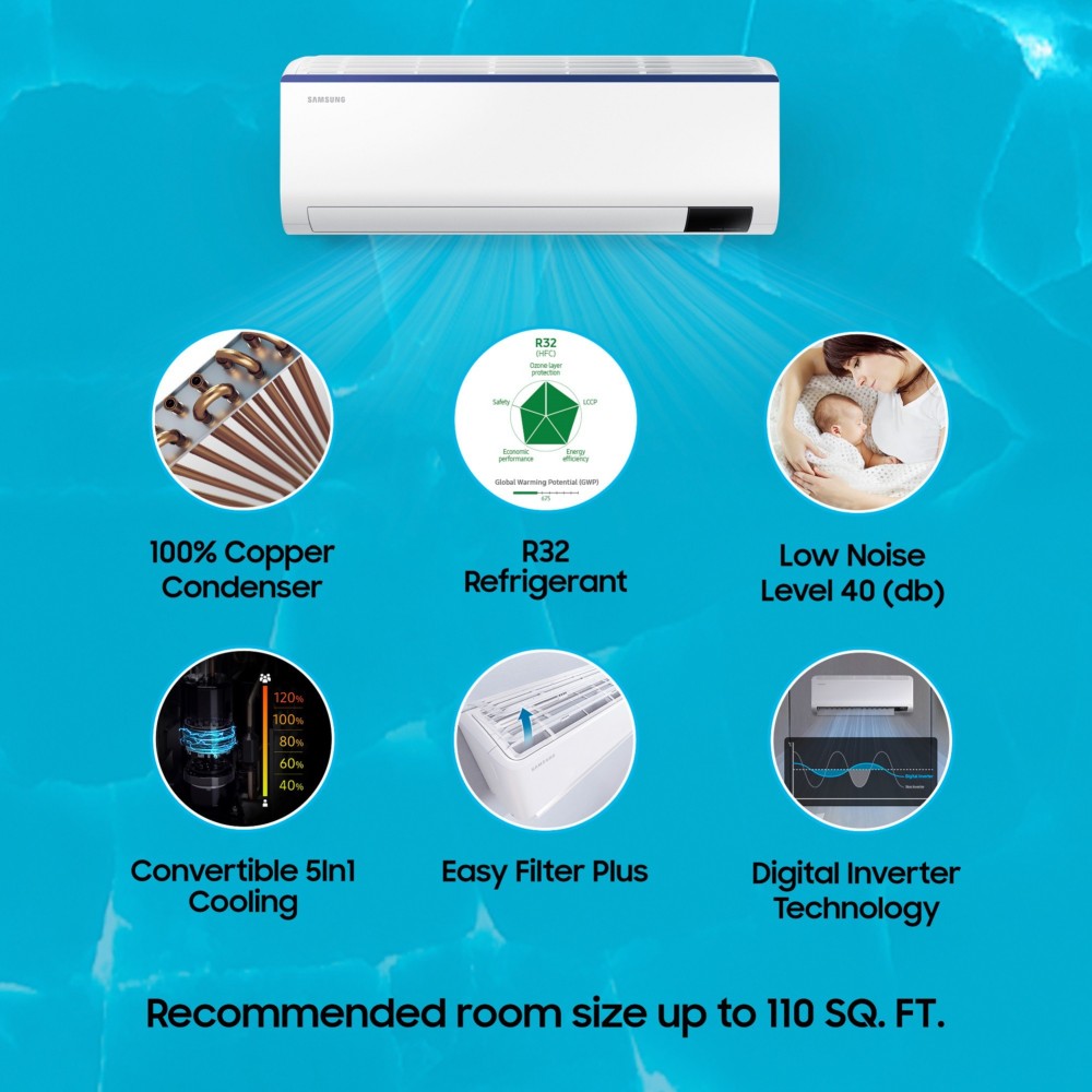 SAMSUNG Convertible 5-in-1 Cooling Mode 1 Ton 4 Star Split Inverter Anti Bacteria Filter AC  - White - AR12BYMZAUR/AR12BYMZAURNNA/AR12BYMZAURXNA, Copper Condenser