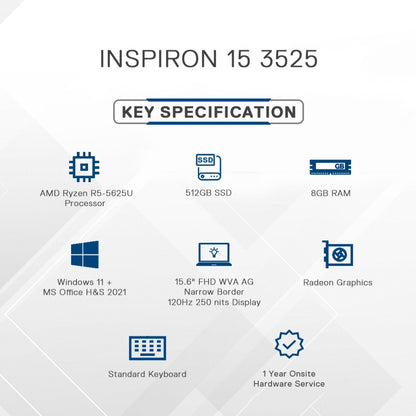 DELL Inspiron Ryzen 5 Hexa Core 5625U - (8 GB/512 GB SSD/Windows 11 Home) नया Inspiron 15 लैपटॉप पतला और हल्का लैपटॉप - 15.6 इंच, कार्बन ब्लैक, 1.68 किलोग्राम, MS ऑफिस के साथ