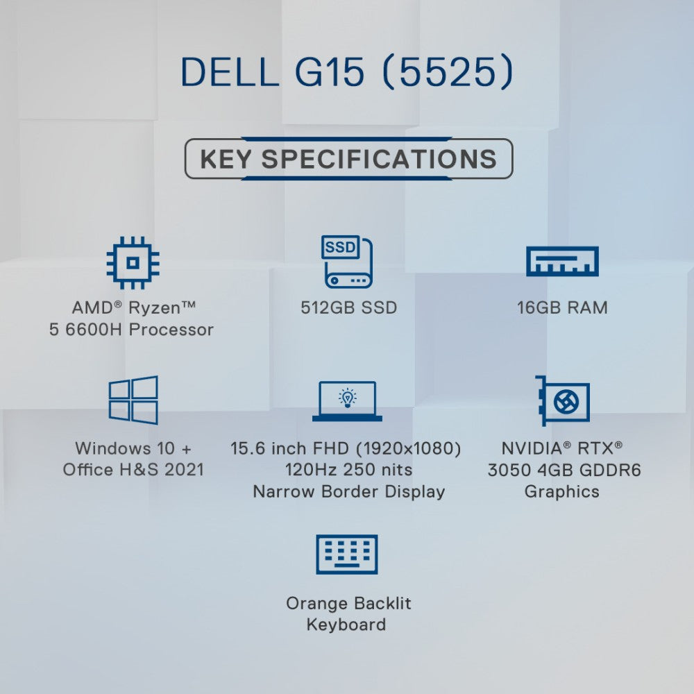 DELL Ryzen 5 हेक्सा कोर AMD R5-6600H - (16 GB/512 GB SSD/Windows 11 Home/4 GB ग्राफ़िक/NVIDIA GeForce RTX 3050/120 Hz) G15-5525 गेमिंग लैपटॉप - 38 cm, फैंटम ग्रे स्पेकल्स के साथ, 2.51 Kg , एमएस ऑफिस के साथ