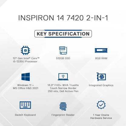 डेल कोर i5 12वीं पीढ़ी - (8 जीबी/512 जीबी एसएसडी/विंडोज 11 होम) नया इंस्पिरॉन 14 2-इन-1 2 इन 1 लैपटॉप - 14 इंच, प्लैटिनम सिल्वर, 1.57 किलोग्राम, एमएस ऑफिस के साथ