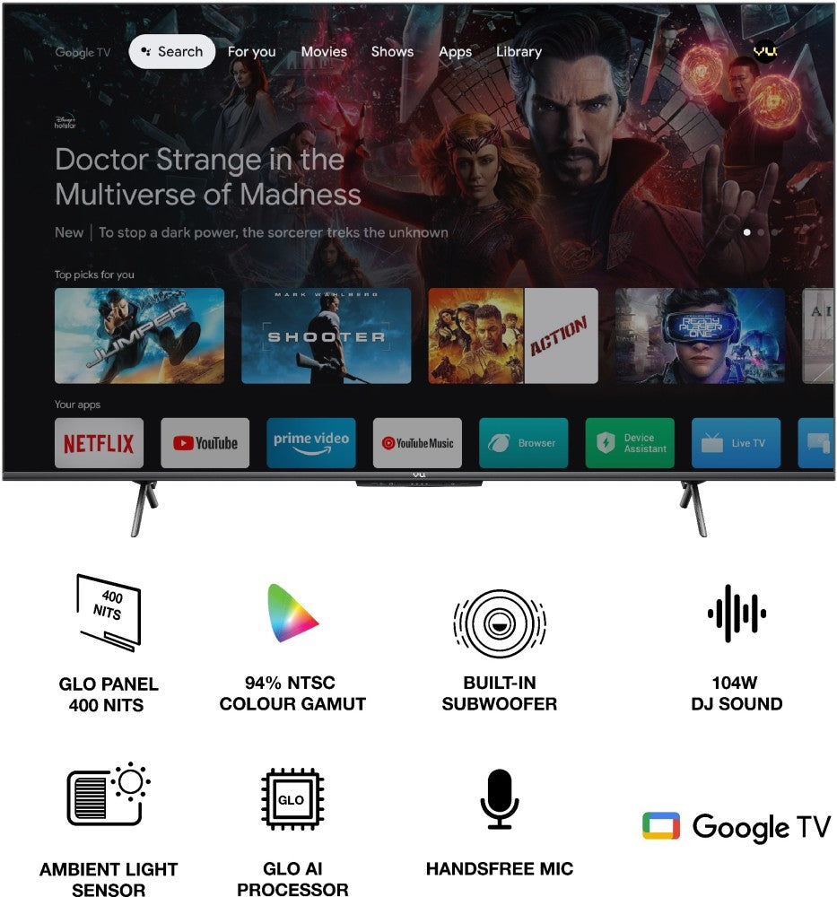 Vu GloLED 126 सेमी (50 इंच) अल्ट्रा HD (4K) LED स्मार्ट Google TV डीजे सबवूफर 104W - 50GloLED के साथ