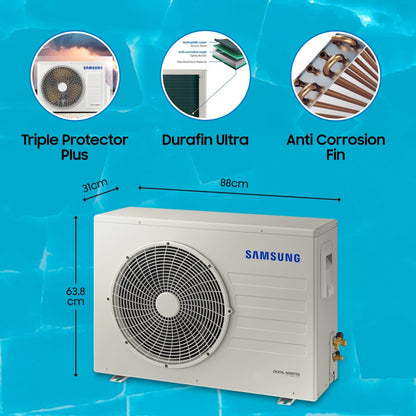 SAMSUNG Convertible 2 Ton 3 Star Split Inverter AC  - White - AR24BYMZAUR, AR24BYMZAURNNA, AR24BYMZAURXNA, Copper Condenser