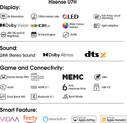 Hisense 139 cm (55 inch) QLED Ultra HD (4K) Smart VIDAA TV Fire TV Stick 4K & Full Array Local Dimming - 55U7H