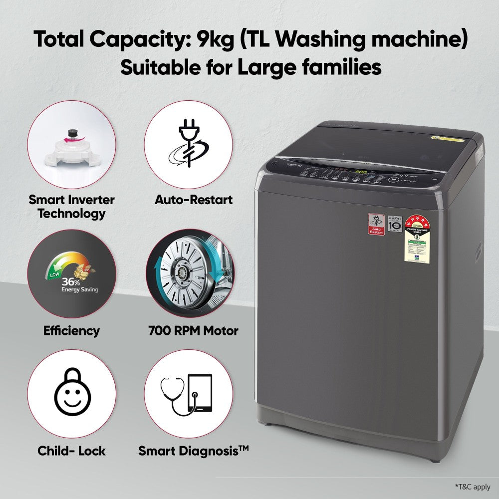 LG 9 kg with Jet Sprey, Auto Pre Wash, Smart Diagnosis, Smart Closing Door and 10 Water Levels Fully Automatic Top Load Washing Machine Black - T90SJMB1Z