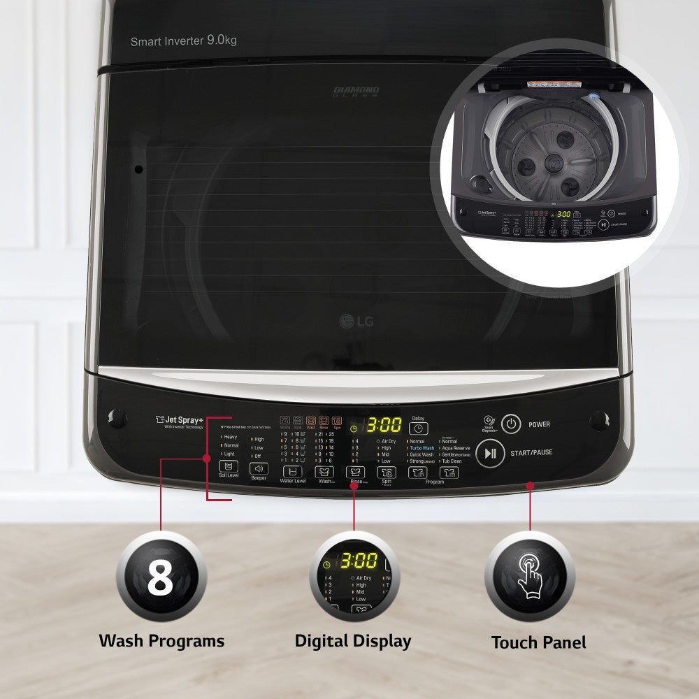 LG 9 kg with Jet Sprey, Auto Pre Wash, Smart Diagnosis, Smart Closing Door and 10 Water Levels Fully Automatic Top Load Washing Machine Black - T90SJMB1Z