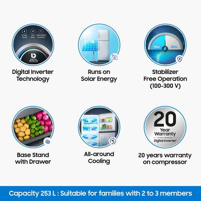 SAMSUNG 253 L Frost Free Double Door 2 Star Refrigerator with Base Drawer - Elegant Inox, RT28T3122S8/HL