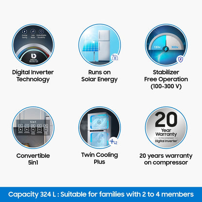 SAMSUNG 324 L Frost Free Double Door 3 Star Convertible Refrigerator - Elegant Inox, RT34T4513S8/HL