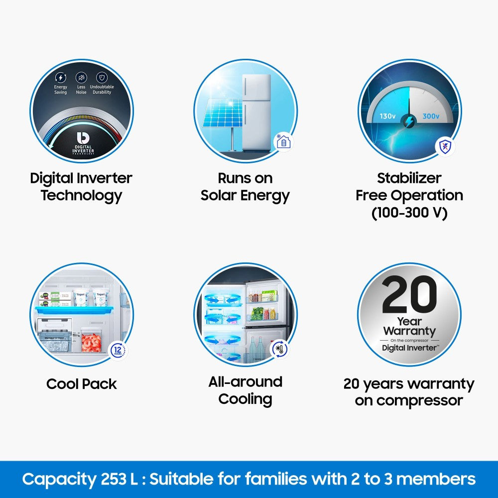 सैमसंग 253 एल फ्रॉस्ट फ्री डबल डोर 2 स्टार रेफ्रिजरेटर - ग्रे सिल्वर, RT28A3032GS/HL