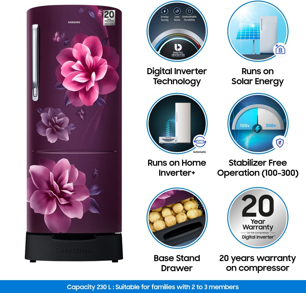 SAMSUNG 230 L Direct Cool Single Door 3 Star Refrigerator with Base Drawer - Camellia Purple, RR24T285YCR/NL