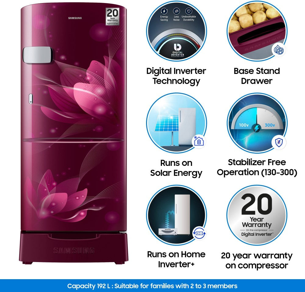 SAMSUNG 192 L Direct Cool Single Door 3 Star Refrigerator with Base Drawer - Saffron Red, RR20A1Z2YR8/HL