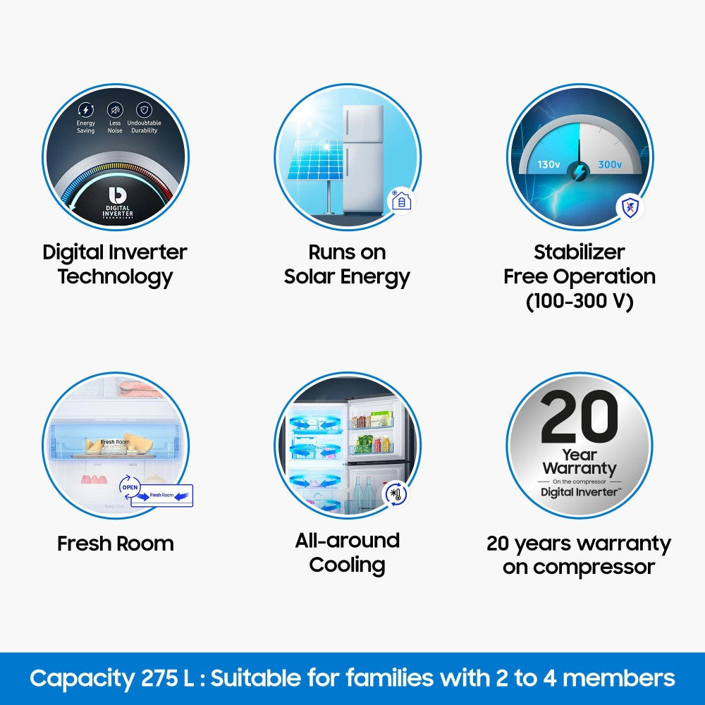 SAMSUNG 275 L Frost Free Double Door 3 Star Refrigerator - Refined Inox, RT30T3443S9/HL