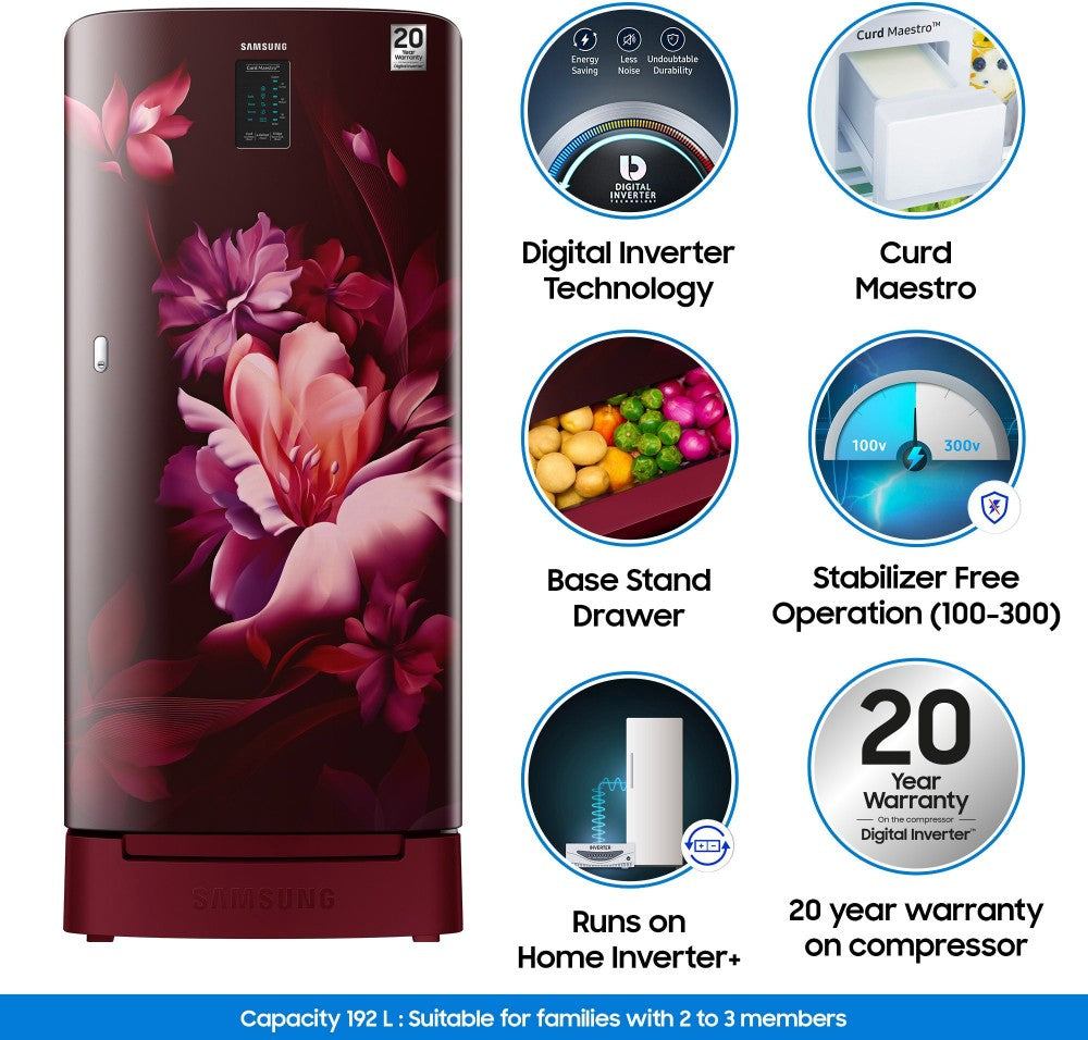 SAMSUNG 192 L Direct Cool Single Door 4 Star Refrigerator with Base Drawer  with Digi Touch Cool, Curd Maestro + BSD - MIDNIGHT BLOSSOM RED, RR21A2N2XRZ/HL