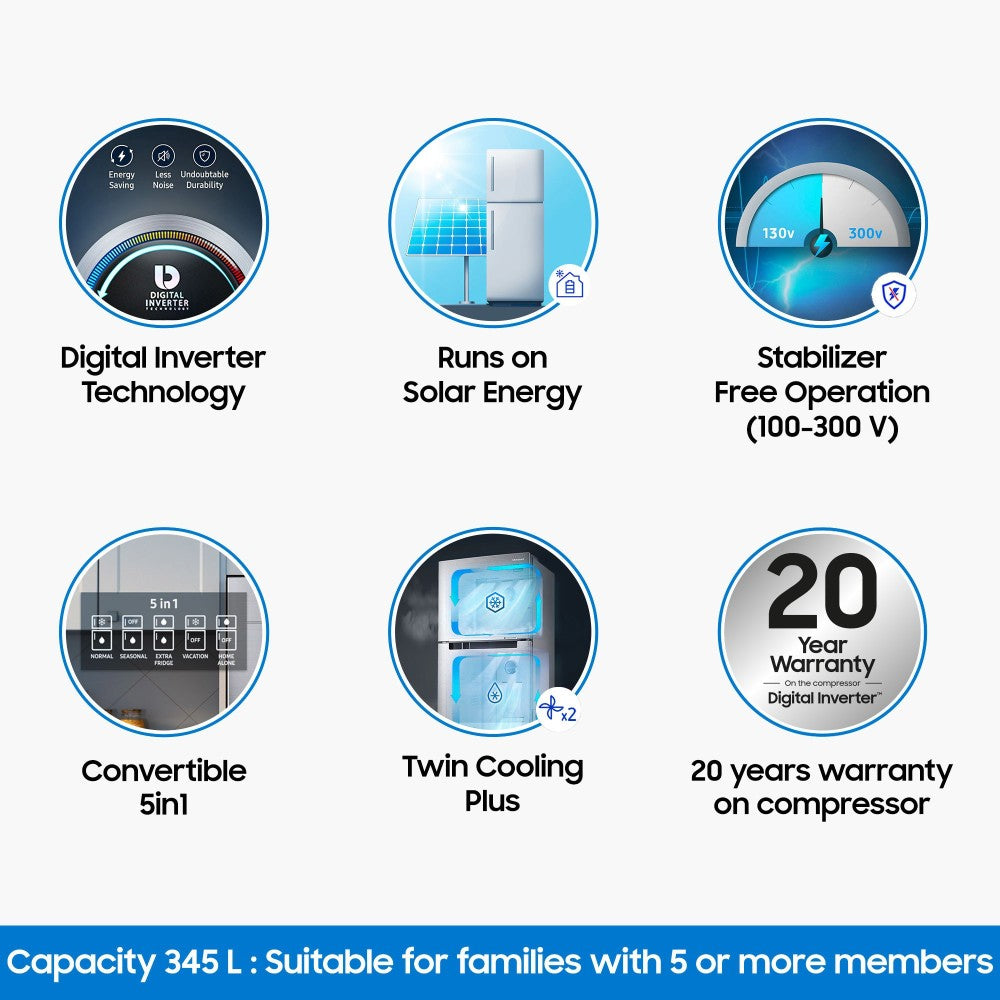 सैमसंग 345 एल फ्रॉस्ट फ्री डबल डोर 3 स्टार कन्वर्टिबल रेफ्रिजरेटर - एलिगेंट आईनॉक्स, RT37T4513S8/HL