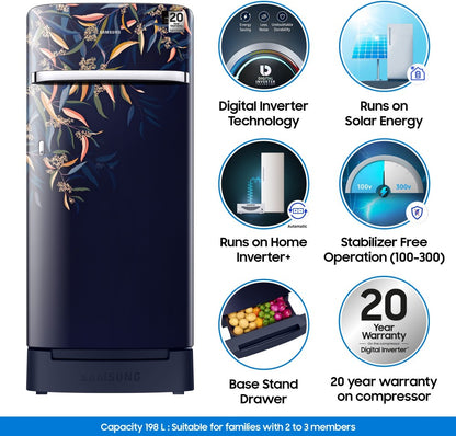 SAMSUNG 198 L Direct Cool Single Door 5 Star Refrigerator with Base Drawer - Delight Indigo, RR21A2H2WTU/HL