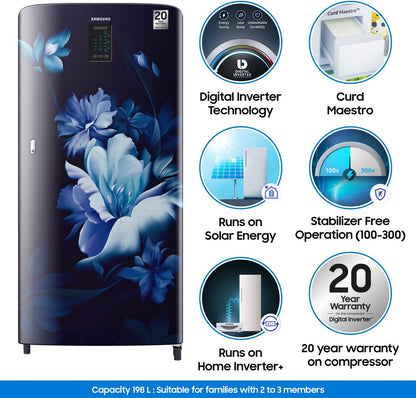 SAMSUNG 192 L Direct Cool Single Door 4 Star Refrigerator  with Digi Touch Cool, Curd Maestro - MIDNIGHT BLOSSOM BLUE, RR21A2M2XUZ/HL