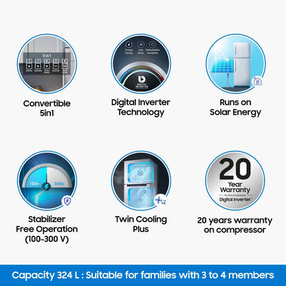 सैमसंग 324 एल फ्रॉस्ट फ्री डबल डोर 2 स्टार कन्वर्टिबल रेफ्रिजरेटर - एलिगेंट आईनॉक्स, RT34B4542S8/HL