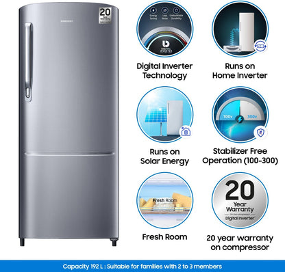 SAMSUNG 192 L Direct Cool Single Door 3 Star Refrigerator - Elegant Inox, RR20T172YS8/HL