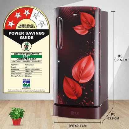 LG 205 L Direct Cool Single Door 3 Star Refrigerator with Base Drawer - Scarlet Victoria, GL-D221ASVD