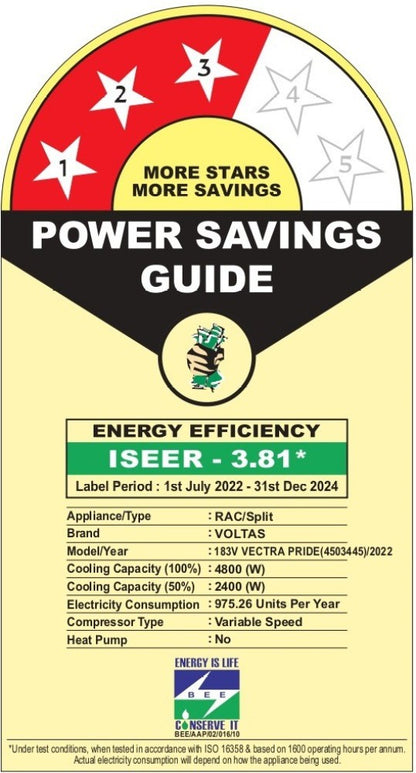 वोल्टास 1.5 टन 3 स्टार स्प्लिट इन्वर्टर एसी - सफेद - 183वी वेक्ट्रा प्राइड(4503445), कॉपर कंडेंसर