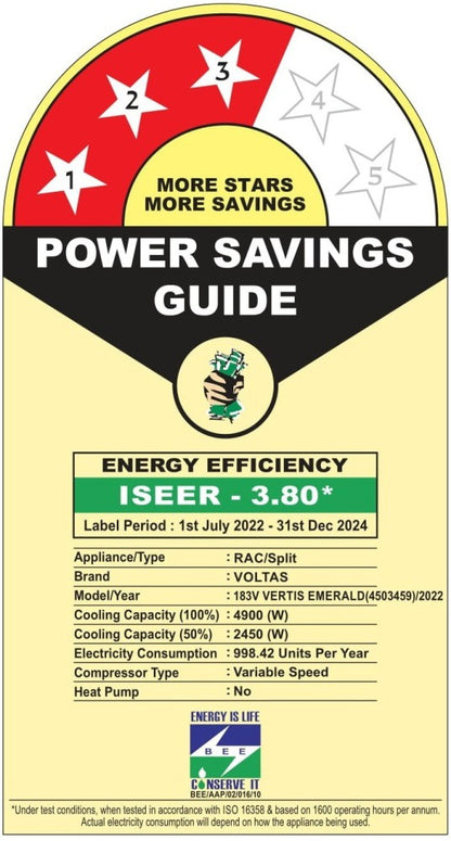 वोल्टास 1.5 टन 3 स्टार स्प्लिट इन्वर्टर एसी - सफेद - 183V वर्टिस एमराल्ड (4503459), कॉपर कंडेनसर