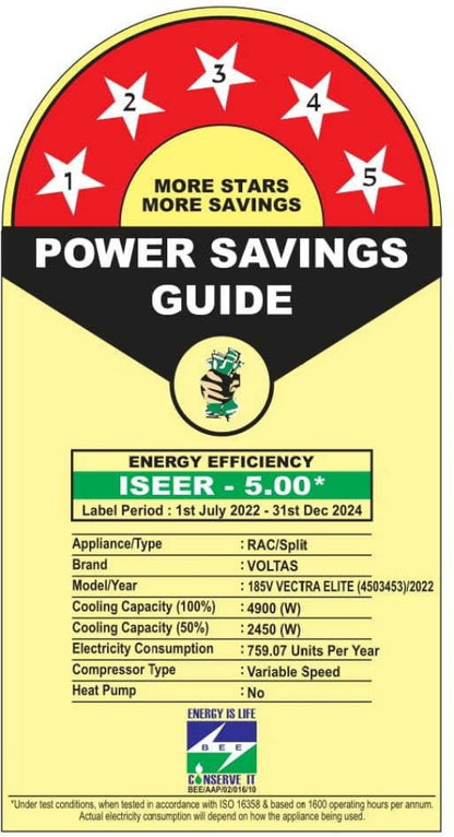 वोल्टास 1.5 टन 5 स्टार स्प्लिट इन्वर्टर एसी - सफेद - 185V वेक्ट्रा एलीट (4503453), कॉपर कंडेनसर