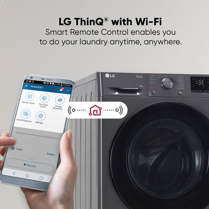 LG 8 kg Wi-Fi फुली ऑटोमैटिक फ्रंट लोड वाशिंग मशीन इन-बिल्ट हीटर के साथ काला, ग्रे - FHP1208Z5M